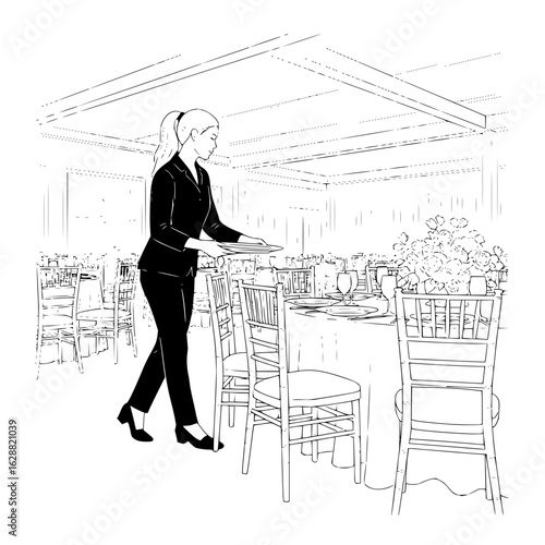 Illustration of waitress serving food at wedding reception event venue with tables and chairs setup