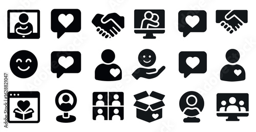 Communication and connection icons set - solid, filled, messaging and interaction symbols