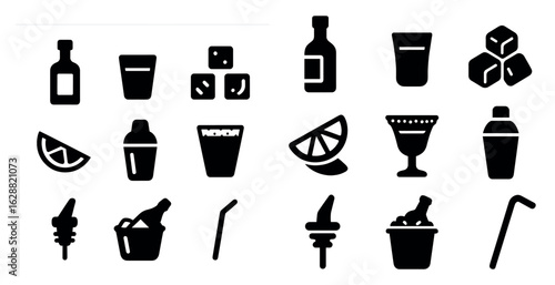 Cocktail and beverage silhouette icons set – solid, bar drink, party essentials