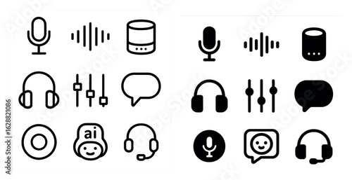 Audio and podcast line icons set – linear, outline, broadcast and sound symbols
