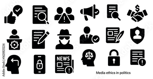 Media ethics and politics solid icons set – silhouette, legal, communication symbols