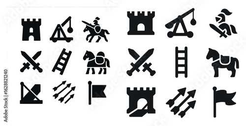 Medieval warfare silhouette icons set – knight, castle, battle symbols