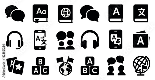 Language and translation solid icons set – filled, communication and multilingual symbols