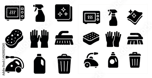 Household cleaning tools solid icons set – flat, filled, sanitation symbols