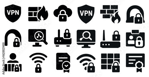 Cybersecurity solid icons set – secure, firewall, protection symbols