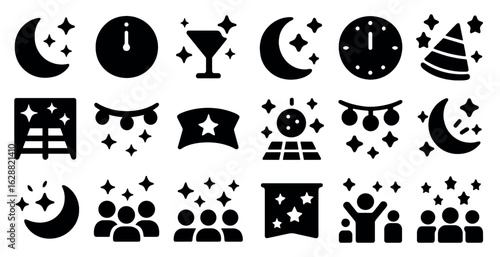 New year's eve celebration icons set – solid, filled, party and festive symbols