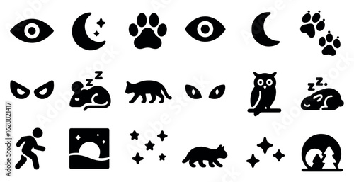 Nighttime wildlife silhouette icons set – animal, nature, and nocturnal symbols