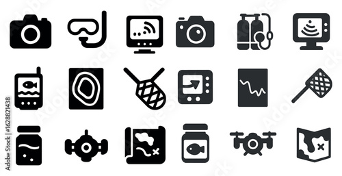 Diving and marine life icons set – silhouette, outline for ocean exploration