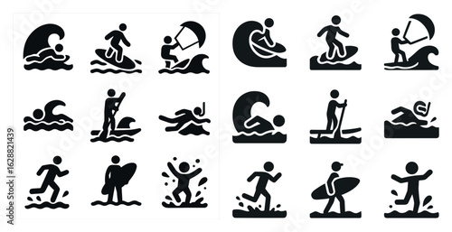 Water sports silhouette icons set – swimming, surfing, aquatic activities symbols