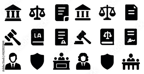 Legal and justice solid icons set – filled, court, law enforcement symbols