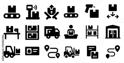 Logistics and delivery solid icons set – flat, filled, shipping and warehouse symbols