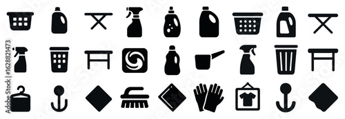 Household cleaning solid icons set – flat, filled, domestic and home care symbols
