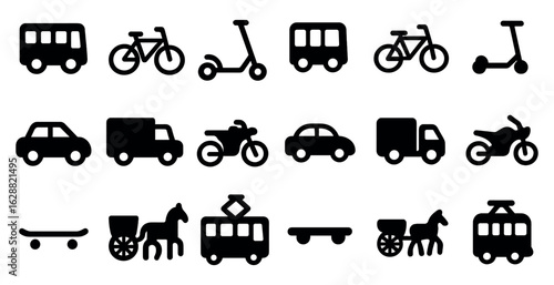 Transportation silhouette icons set – solid, filled, vehicle and transit symbols