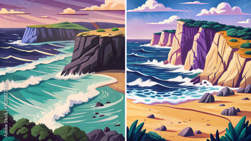 Ocean coastline with massive sea cliffs and crashing waves