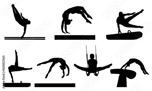 Silhouettes of gymnastic poses. Set of vector icons with gymnasts silhouettes.  Vector illustration.