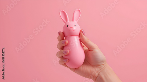 Pink sex toy rabbit shaped vibrator for women in female hand isolated on light pink background