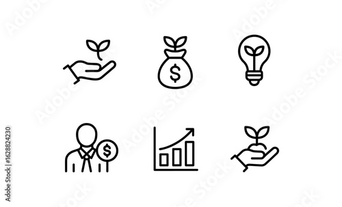 Minimalistic business icons featuring growth, finance, and innovation