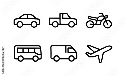 Simple line icons of various transportation vehicles in minimalist style