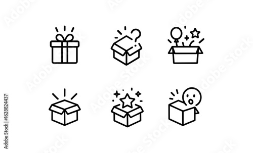 Minimalist icon set of surprise gift boxes with linear design style