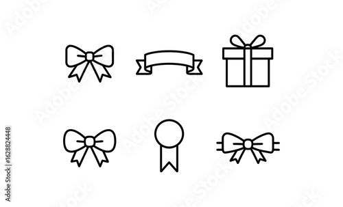 Minimalist icons of bows, ribbons, and gift packages in black and white