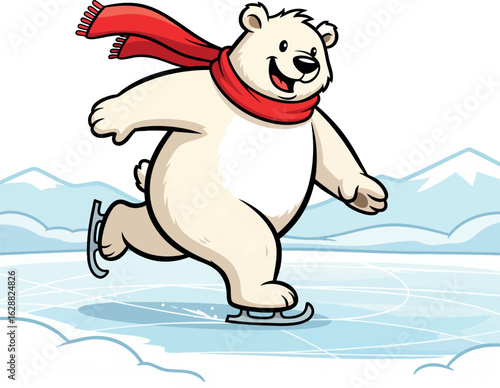 Cute Cartoon Polar Bear Ice Skating with Red Scarf – Fun Winter Animal Vector Illustration
