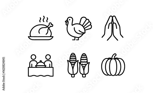 Thanksgiving icons: turkey, feast, pumpkin, and harvest symbols in line art