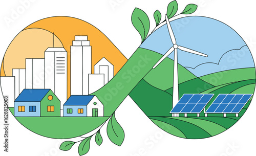 Sustainable future merging urban living with renewable energy sources in a harmonious cycle.