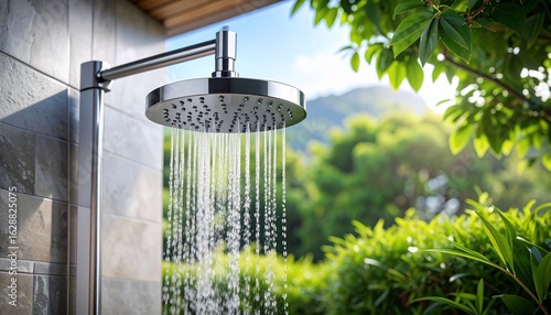 Refreshing Outdoor Shower in Lush Greenery