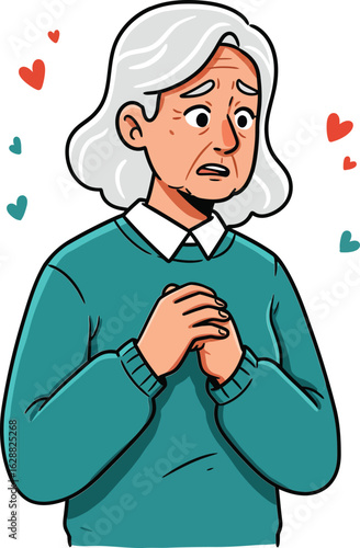 Elderly woman showing nervous and anxious expression with hands clasped in teal sweater cartoon illustration