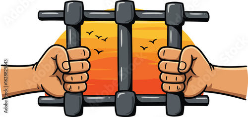Prisoner Hands Gripping Bars Against Sunset Background Symbolizing Freedom and Hope Concept