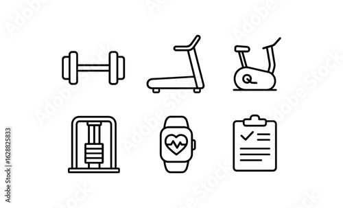 Minimalist gym equipment icons: fitness, treadmill, dumbbell, exercise bike, heart rate, checklist