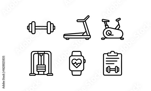Fitness equipment icons: treadmill, dumbbell, smartwatch, exercise bike, linear style