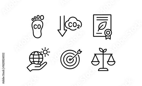 Eco-friendly symbols: carbon footprint, emission reduction, sustainable certification icons