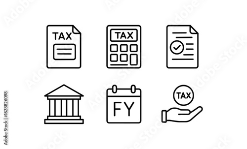 Linear financial icons: tax filing, calculator, calendar, and bank symbols