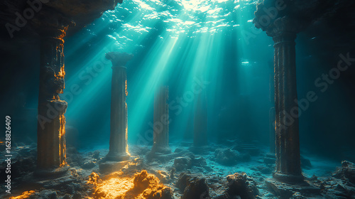 Sunbeams Illuminate Sunken Ancient Ruins Underwater