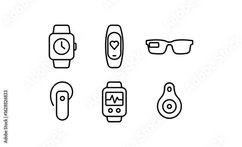 Minimalist line art of modern wearable tech gadgets including smart watches and fitness trackers