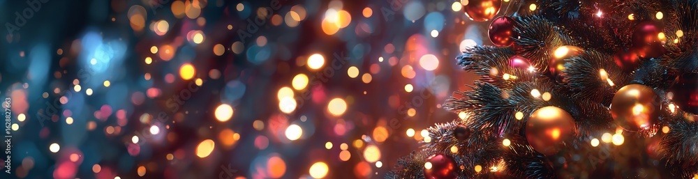 Fototapeta premium Christmas Tree Ornamentation Displaying Festive Lights and Colorful Bokeh Effects Radiating Warmth