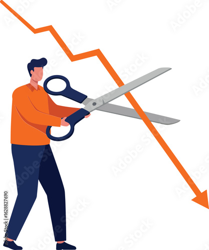 Businessman cutting downward trend line with large scissors concept of financial loss and market decline illustration