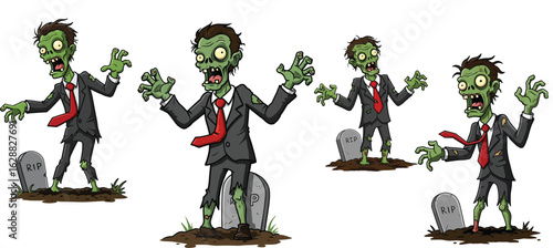 Zombie cartoon characters rising from graves in graveyard with tattered suits and red ties in cartoon style