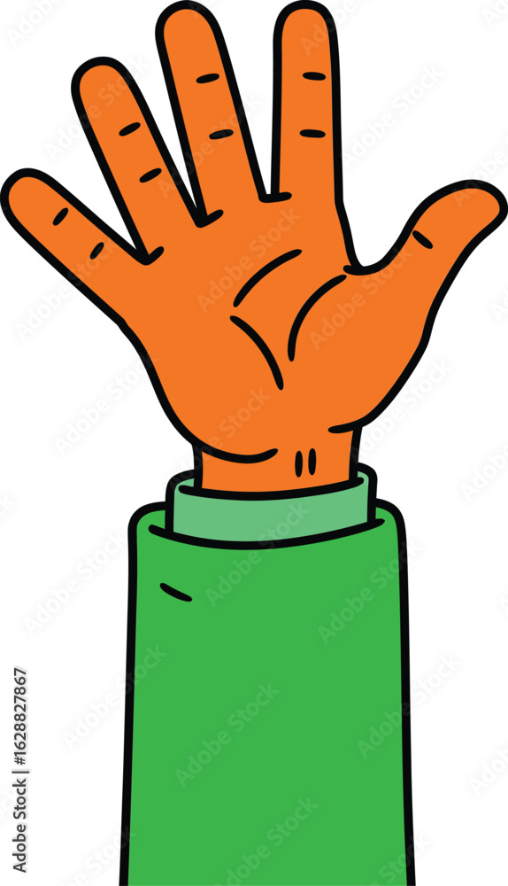 Obraz premium Cartoon style orange hand raised with green sleeve illustration for communication and interaction concepts