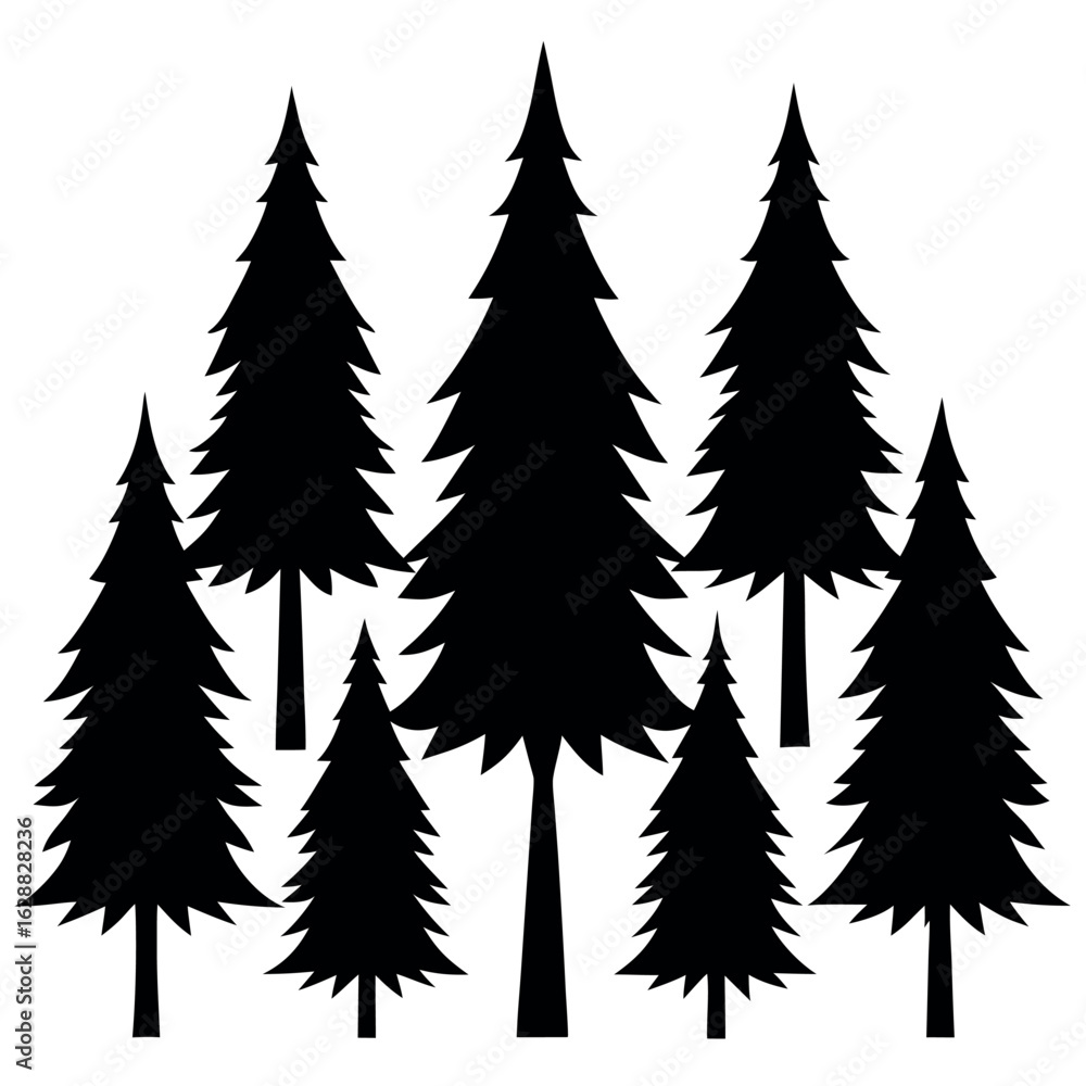 Obraz premium Collection of 10 pine tree silhouettes with spiked edges isolated on white background silhouette