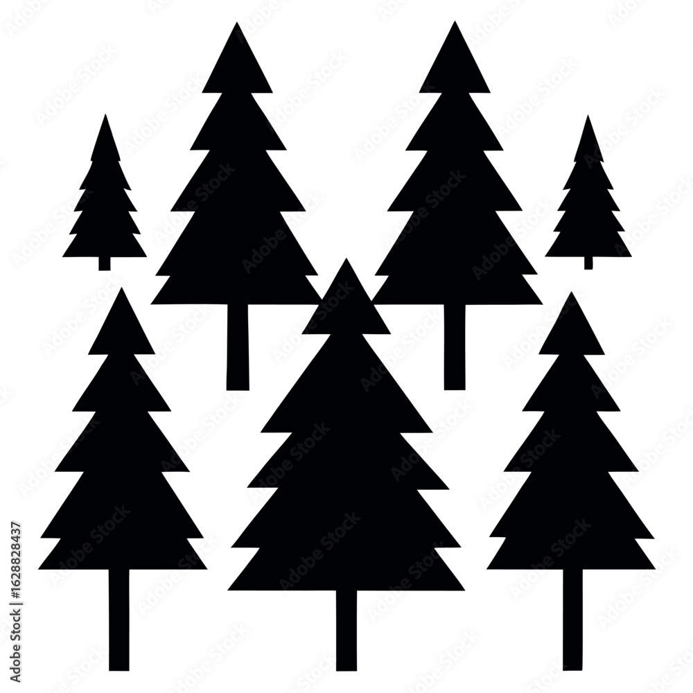 Obraz premium Set of 10 pine tree silhouettes in sharp triangle shape isolated on white background
