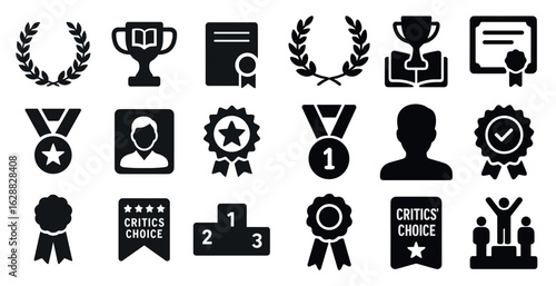 Awards and recognition solid icons set – flat, filled, trophies and achievements