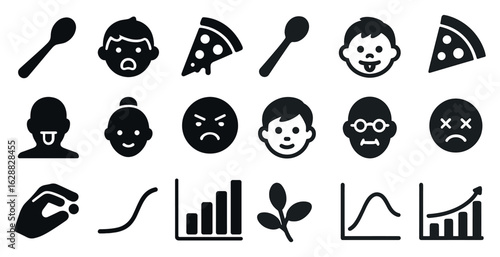 Emotion and food silhouette icons set – solid, filled, face and snack graphics