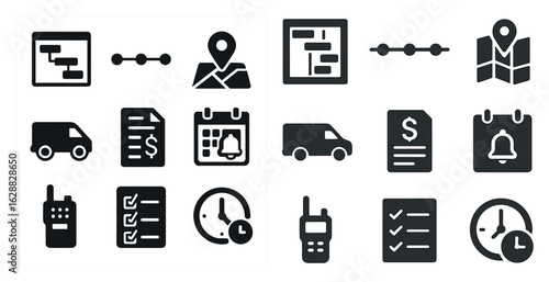 Project management solid icons set – planning, task, and deadline symbols