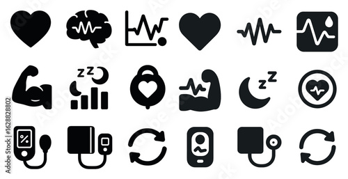 Health and fitness solid icons set – filled, silhouette, wellness symbols