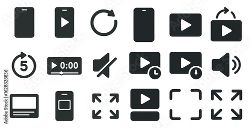 Media and video silhouette icons set – solid, filled, playback and streaming tools