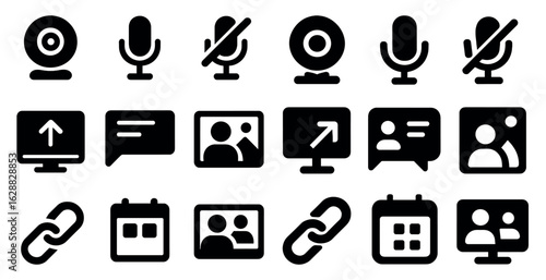 Communication and office solid icons set - chat, meeting, and messaging symbols