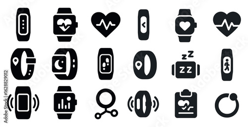 Smartwatch and fitness solid icons set – silhouette, health tracking symbols