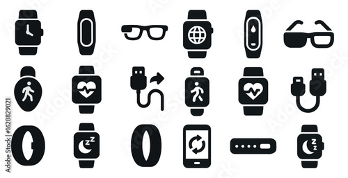 Wearable technology solid icons set – devices, gadgets, tech symbols